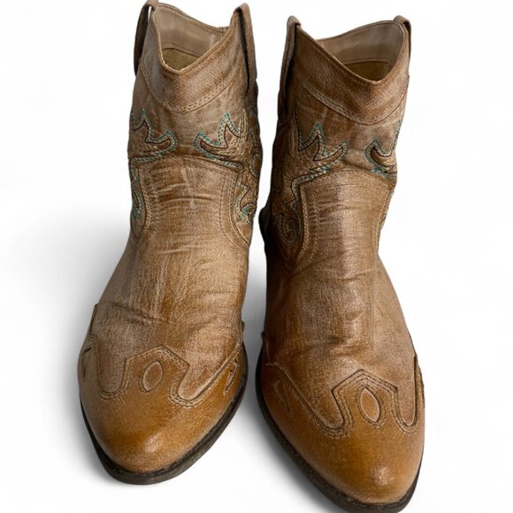 Arizona Ankle Boots Cowgirl Western Cowboy Faux Leather Tan Turquoise Women's 10 - Picture 5 of 12